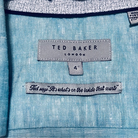 Ted Baker Mens Shirt Linen Blend Button Down Iridescent Blue Large Beach Preppy - Picture 10 of 13